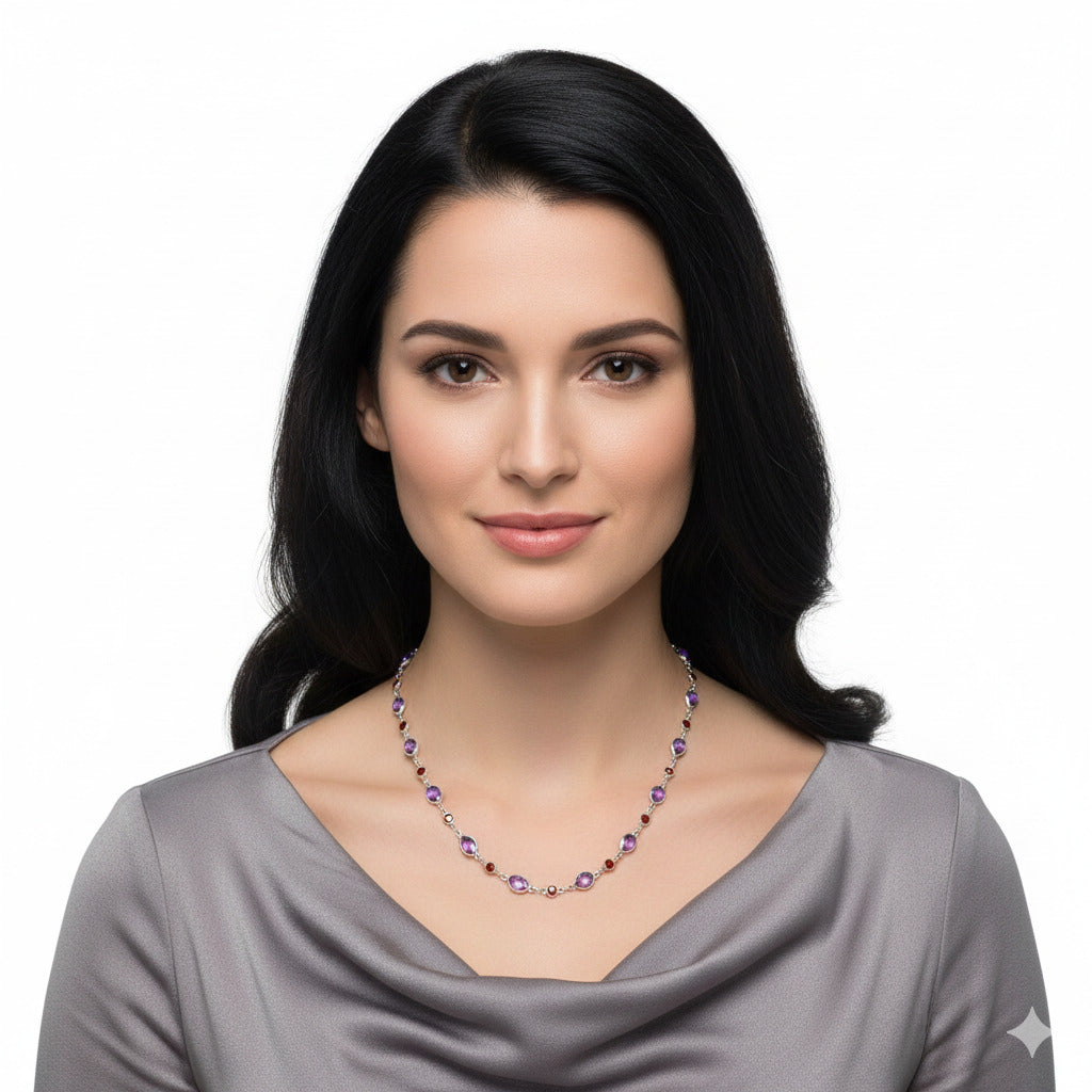 Premium Quality Amethyst Checker Briolette & Garnet Necklace N-1024 11-EN10009