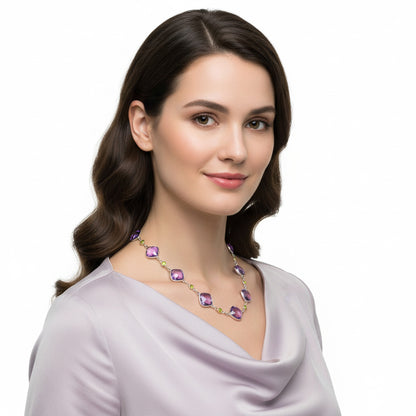 Premium Quality Amethyst Checker Briolette & Peridot Necklace N-1024 11-EN10012
