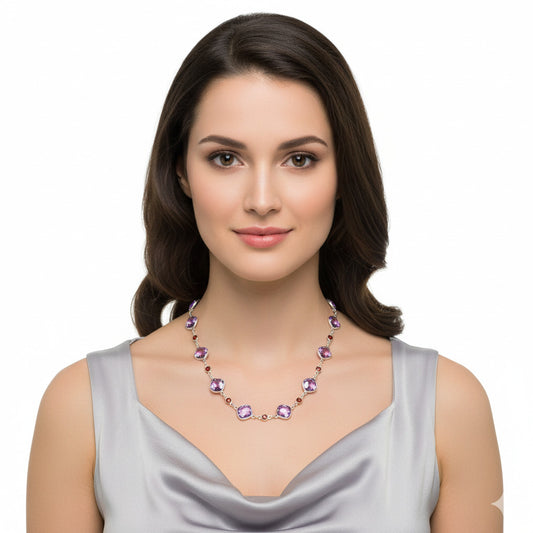 Premium Quality Amethyst Checker Briolette & Garnet Necklace N-1024 11-EN10014