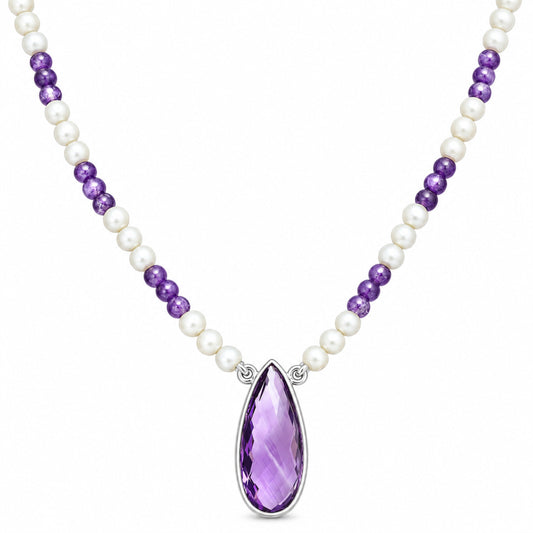 Premium Quality Amethyst Briolette & Pearl Beaded Necklace N-1027 11-EN10018