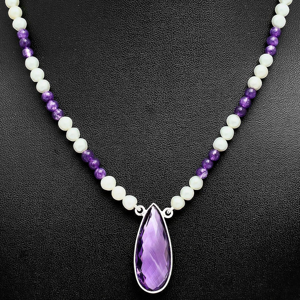 Premium Quality Amethyst Briolette & Pearl Beaded Necklace N-1027 11-EN10018