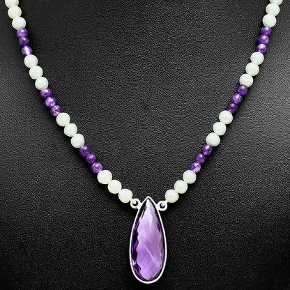Premium Quality Amethyst Briolette & Pearl Beaded Necklace N-1027 11-EN10018