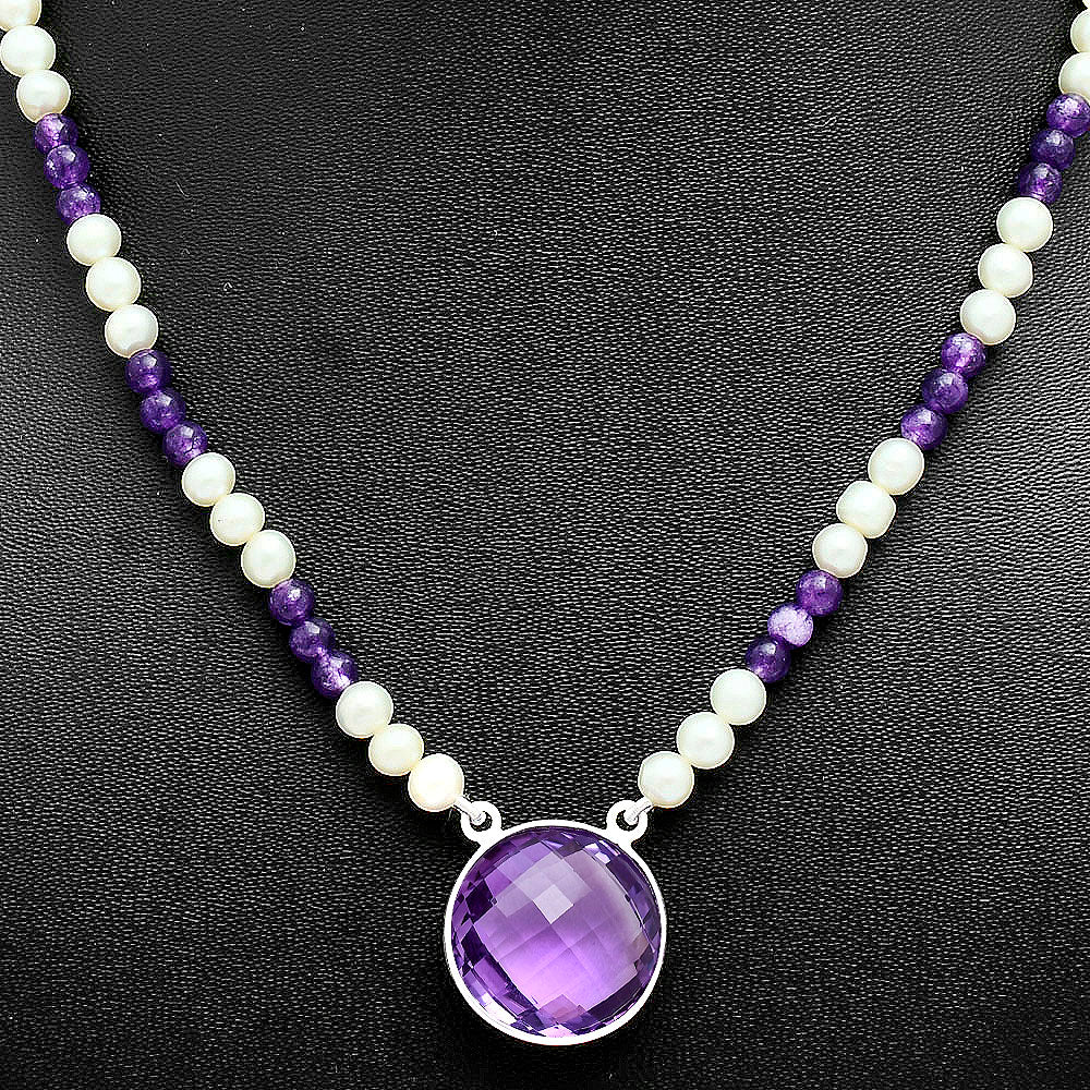 Premium Quality Amethyst Briolette & Pearl Beaded Necklace N-1027 11-EN10019