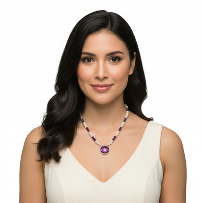 Premium Quality Amethyst Briolette & Pearl Beaded Necklace N-1027 11-EN10019
