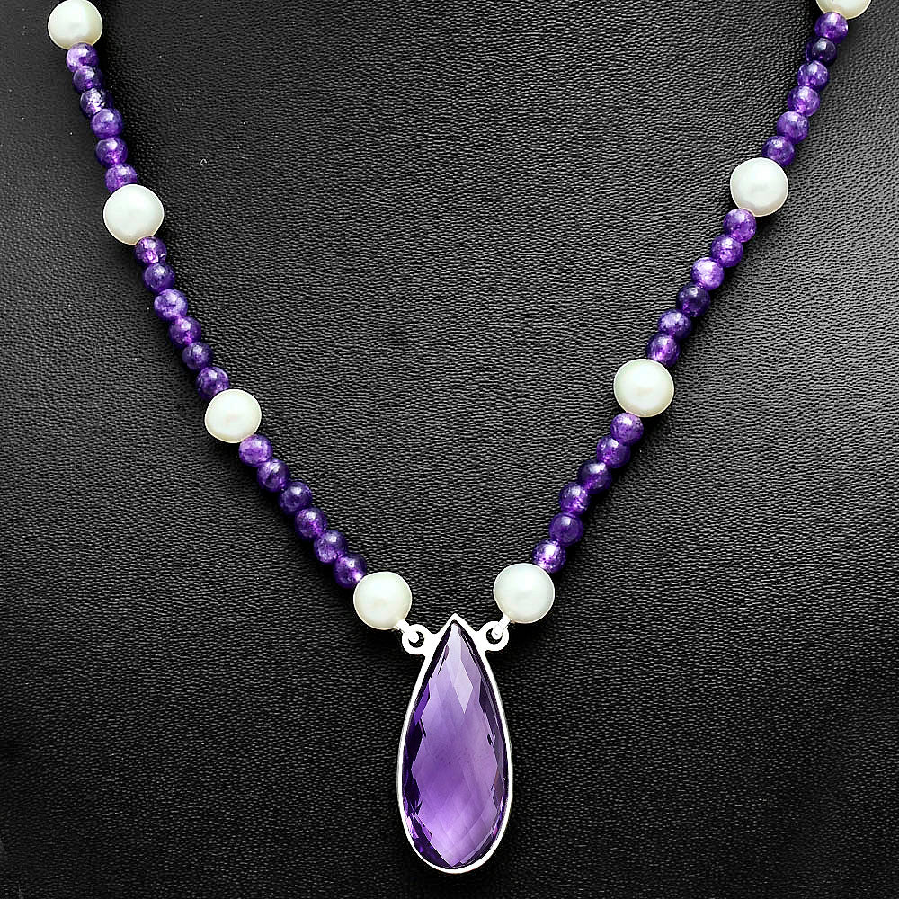 Premium Quality Amethyst Briolette & Pearl Beaded Necklace N-1027 11-EN10020