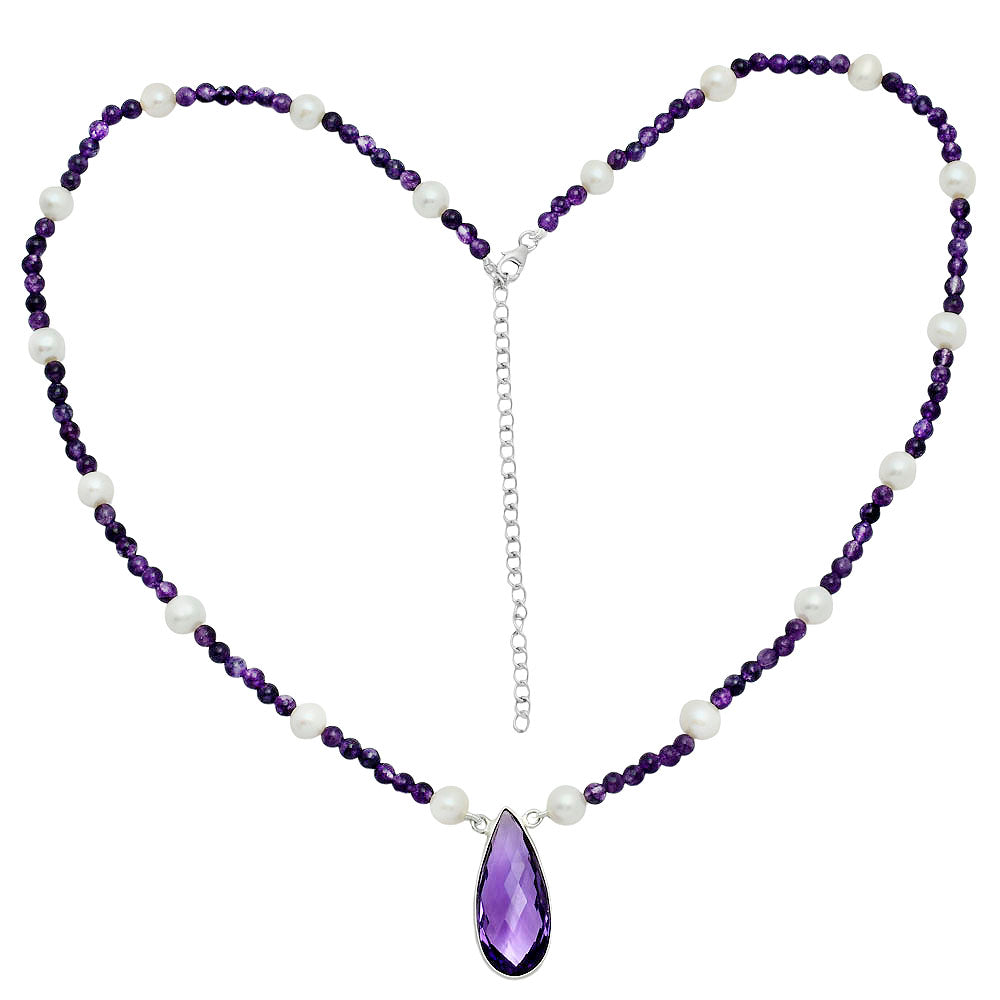 Premium Quality Amethyst Briolette & Pearl Beaded Necklace N-1027 11-EN10020