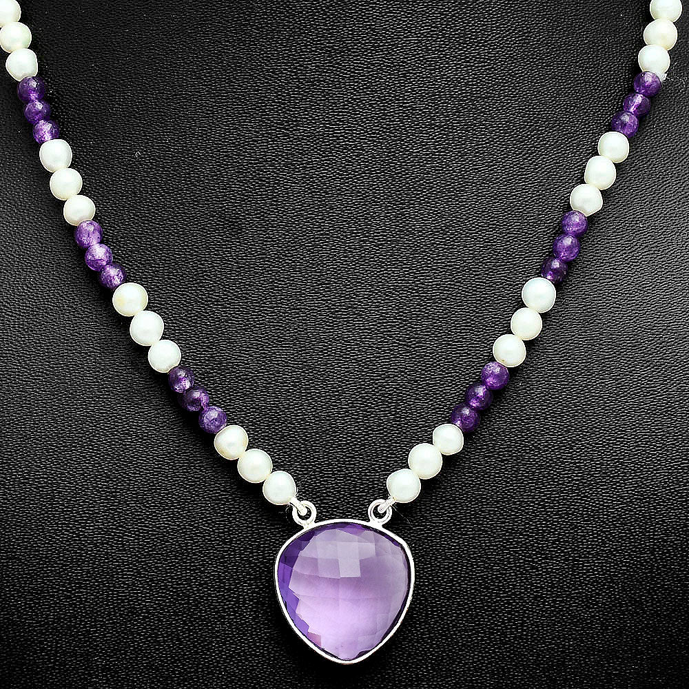 Premium Quality Amethyst Briolette & Pearl Beaded Necklace N-1027 11-EN10021