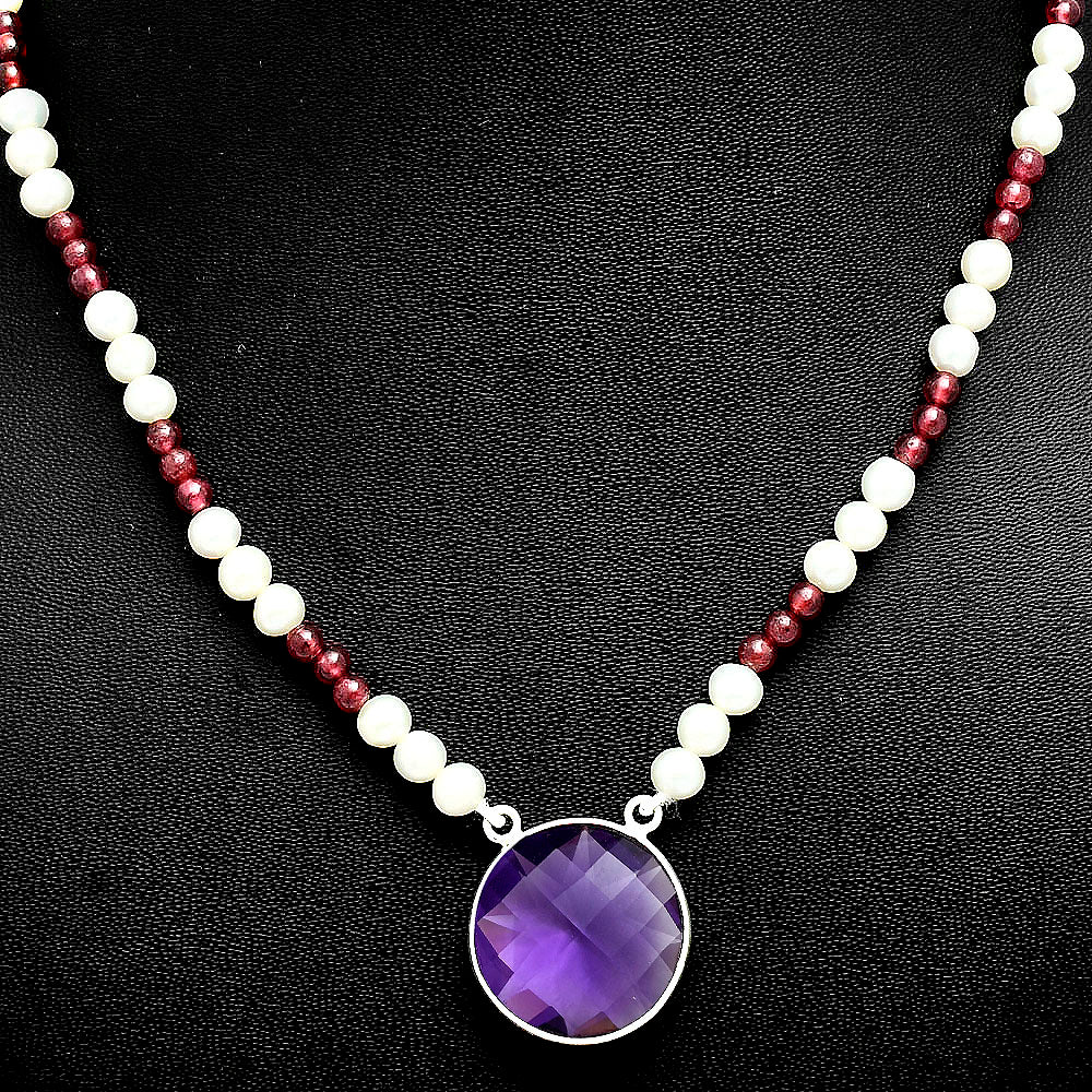 Premium Quality Amethyst, Garnet & Pearl Beaded Necklace N-1027 11-EN10022