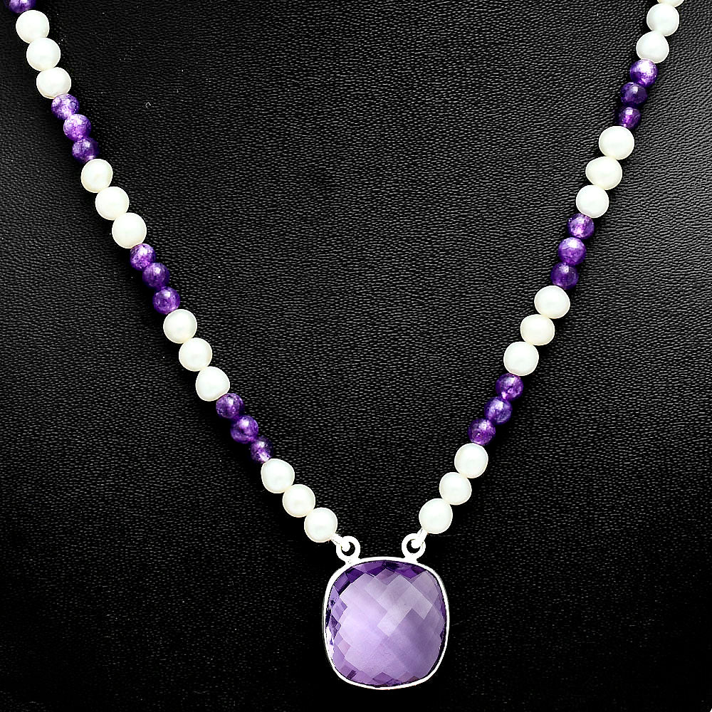 Premium Quality Amethyst Briolette & Pearl Beaded Necklace N-1027 11-EN10023