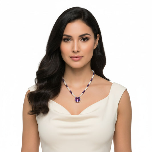 Premium Quality Amethyst Briolette & Pearl Beaded Necklace N-1027 11-EN10023