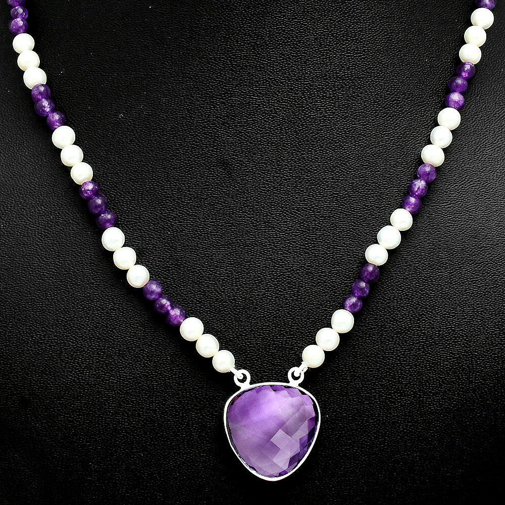 Premium Quality Amethyst Briolette & Pearl Beaded Necklace N-1027 11-EN10024