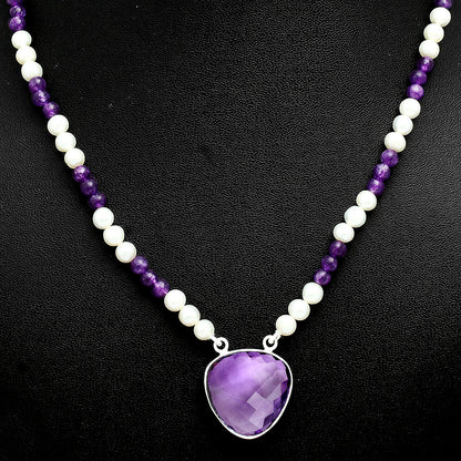 Premium Quality Amethyst Briolette & Pearl Beaded Necklace N-1027 11-EN10024