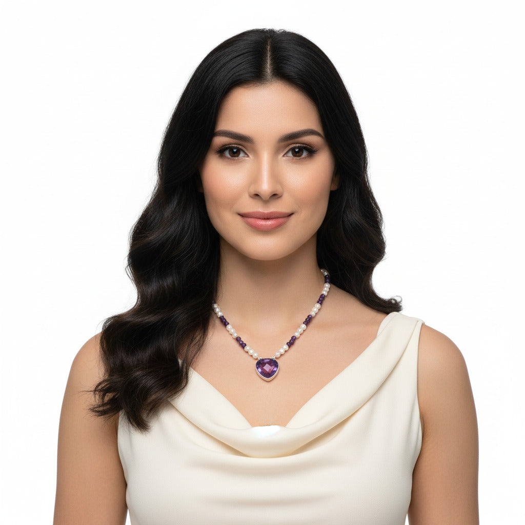 Premium Quality Amethyst Briolette & Pearl Beaded Necklace N-1027 11-EN10024
