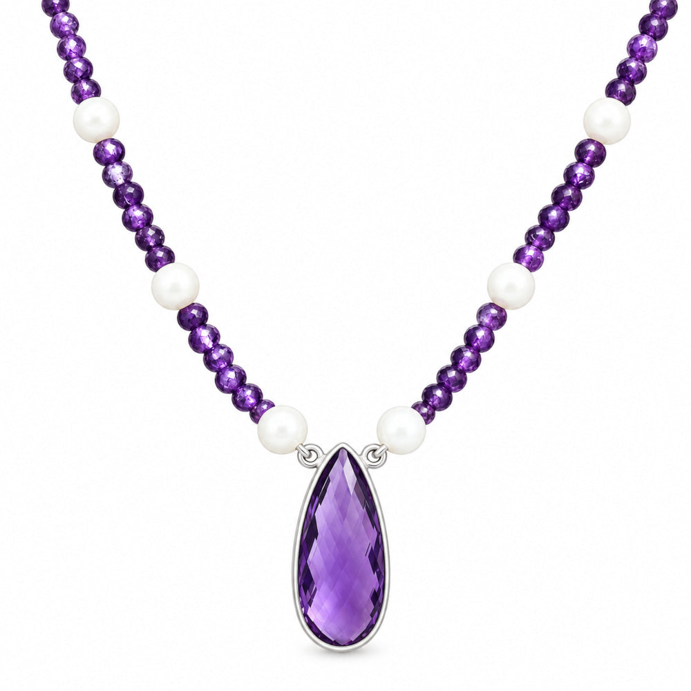 Premium Quality Amethyst Briolette & Pearl Beaded Necklace N-1027 11-EN10028