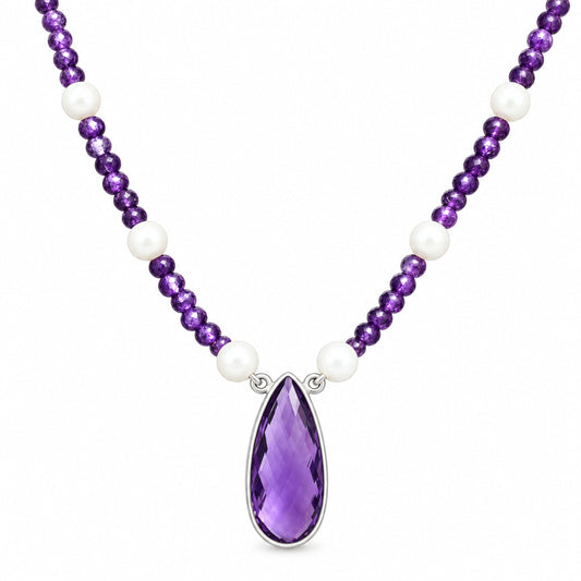 Premium Quality Amethyst Briolette & Pearl Beaded Necklace N-1027 11-EN10028