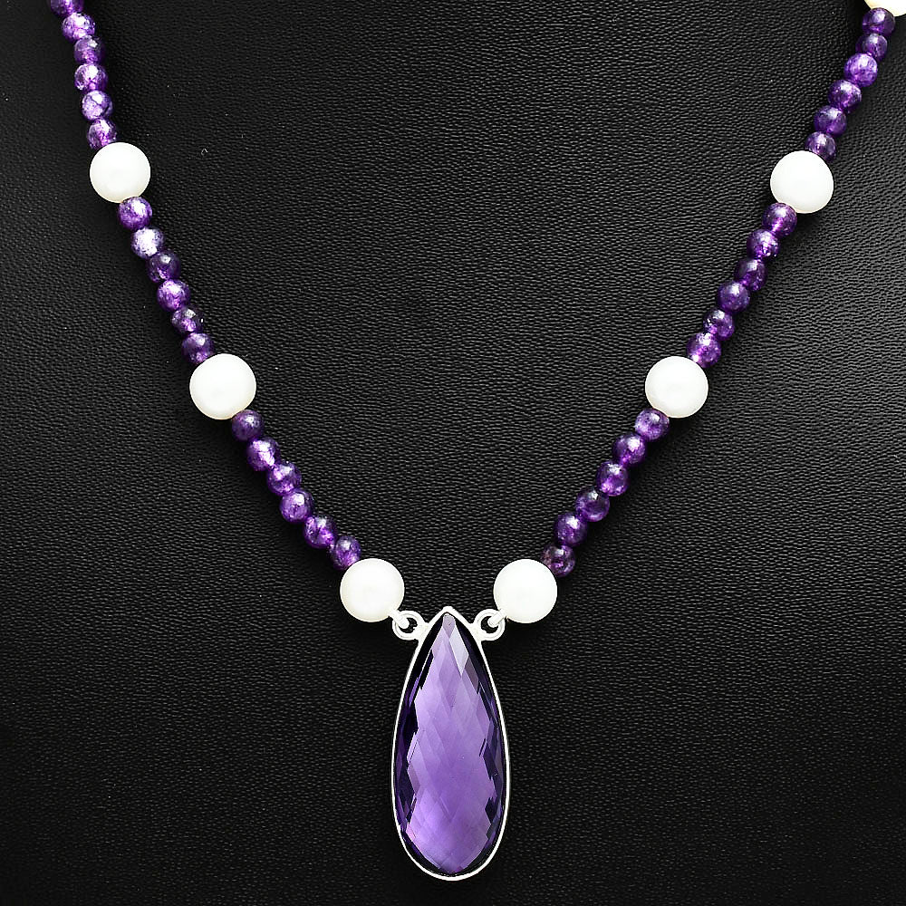 Premium Quality Amethyst Briolette & Pearl Beaded Necklace N-1027 11-EN10028