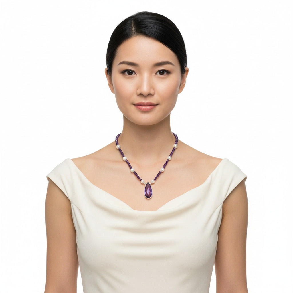 Premium Quality Amethyst Briolette & Pearl Beaded Necklace N-1027 11-EN10028
