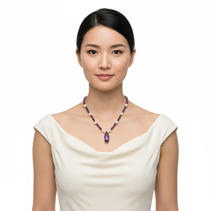 Premium Quality Amethyst Briolette & Pearl Beaded Necklace N-1027 11-EN10028