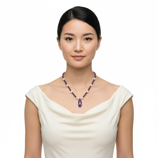Premium Quality Amethyst Briolette & Pearl Beaded Necklace N-1027 11-EN10028
