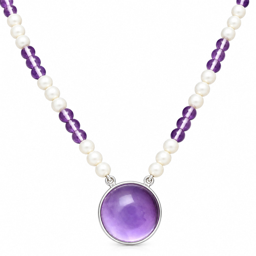 Premium Quality Amethyst Cab - Brazil & Pearl Beaded Necklace N-1027 11-EN10029