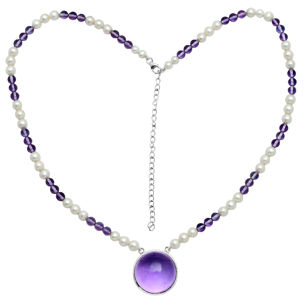 Premium Quality Amethyst Cab - Brazil & Pearl Beaded Necklace N-1027 11-EN10029