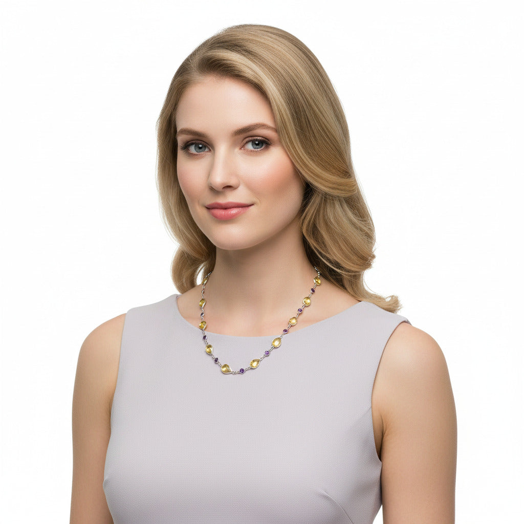 Premium Quality Citrine Checker Briolette & Amethyst Necklace N-1024 12-EN10033