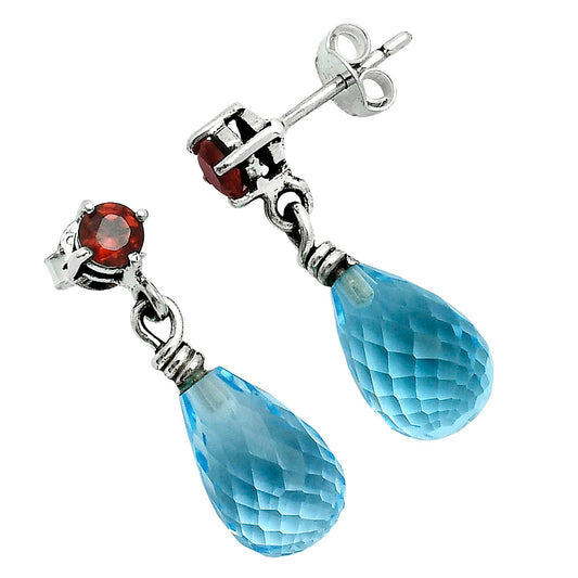 Premium Quality Sky Blue Topaz Drop & Garnet Earrings E-1062 13-EE10118