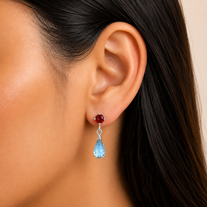 Premium Quality Sky Blue Topaz Drop & Garnet Earrings E-1062 13-EE10122