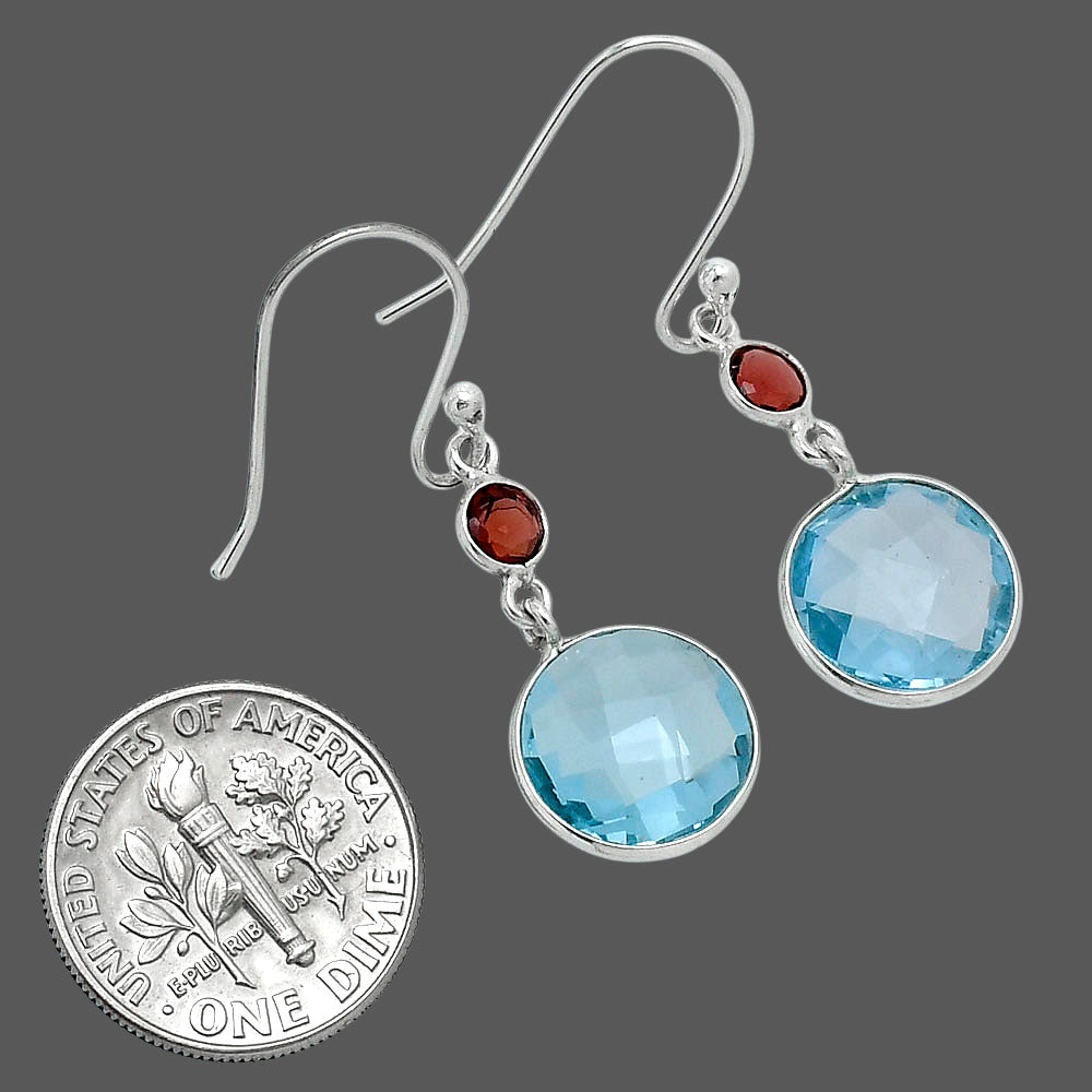 Premium Sky Blue Topaz Checker Briolette & Garnet Earrings E-1006 13-EE10150