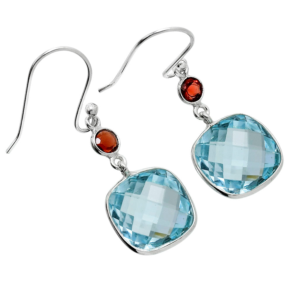 Premium Sky Blue Topaz Checker Briolette & Garnet Earrings E-1006 13-EE10151