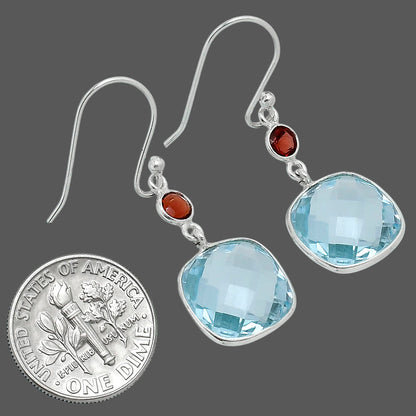 Premium Sky Blue Topaz Checker Briolette & Garnet Earrings E-1006 13-EE10151