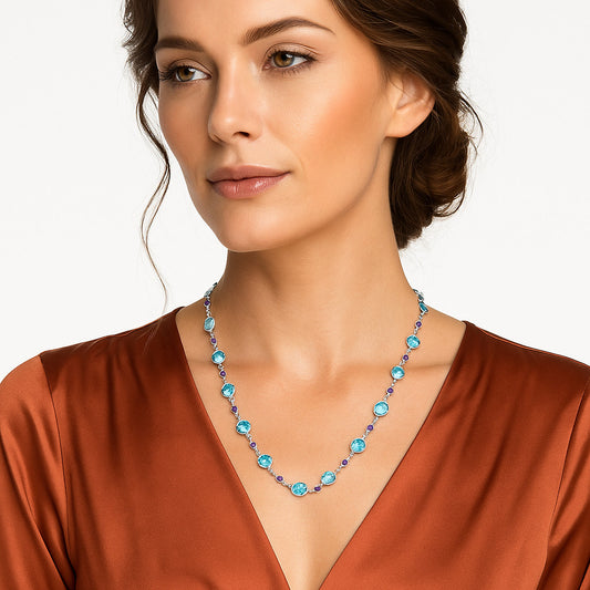 Premium Quality Sky Blue Topaz Briolette & Amethyst Necklace N-1024 13-EN10039