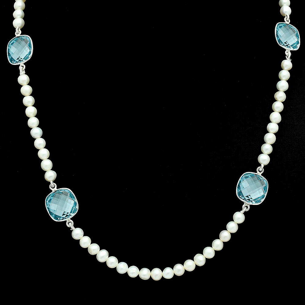 Premium Sky Blue Topaz Briolette & Pearl Beaded Necklace N-1028 13-EN10042