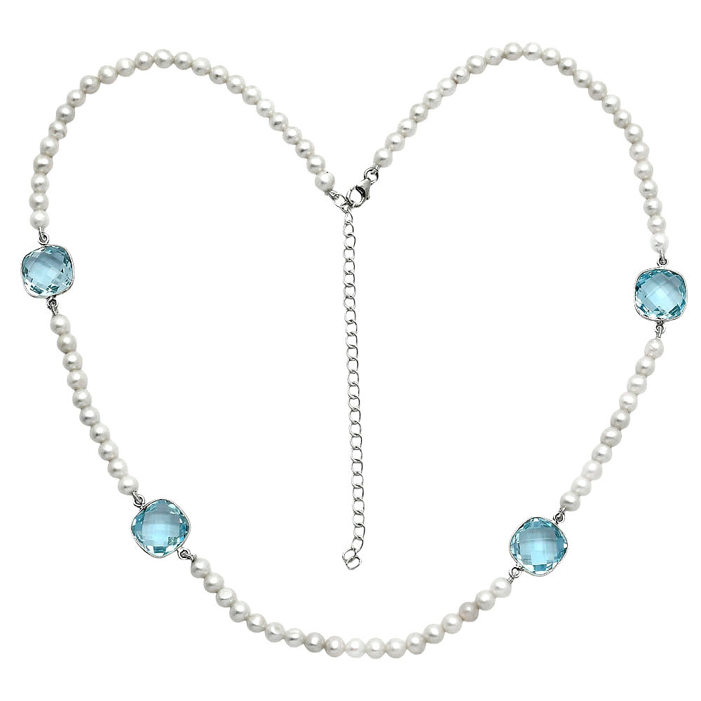 Premium Sky Blue Topaz Briolette & Pearl Beaded Necklace N-1028 13-EN10042