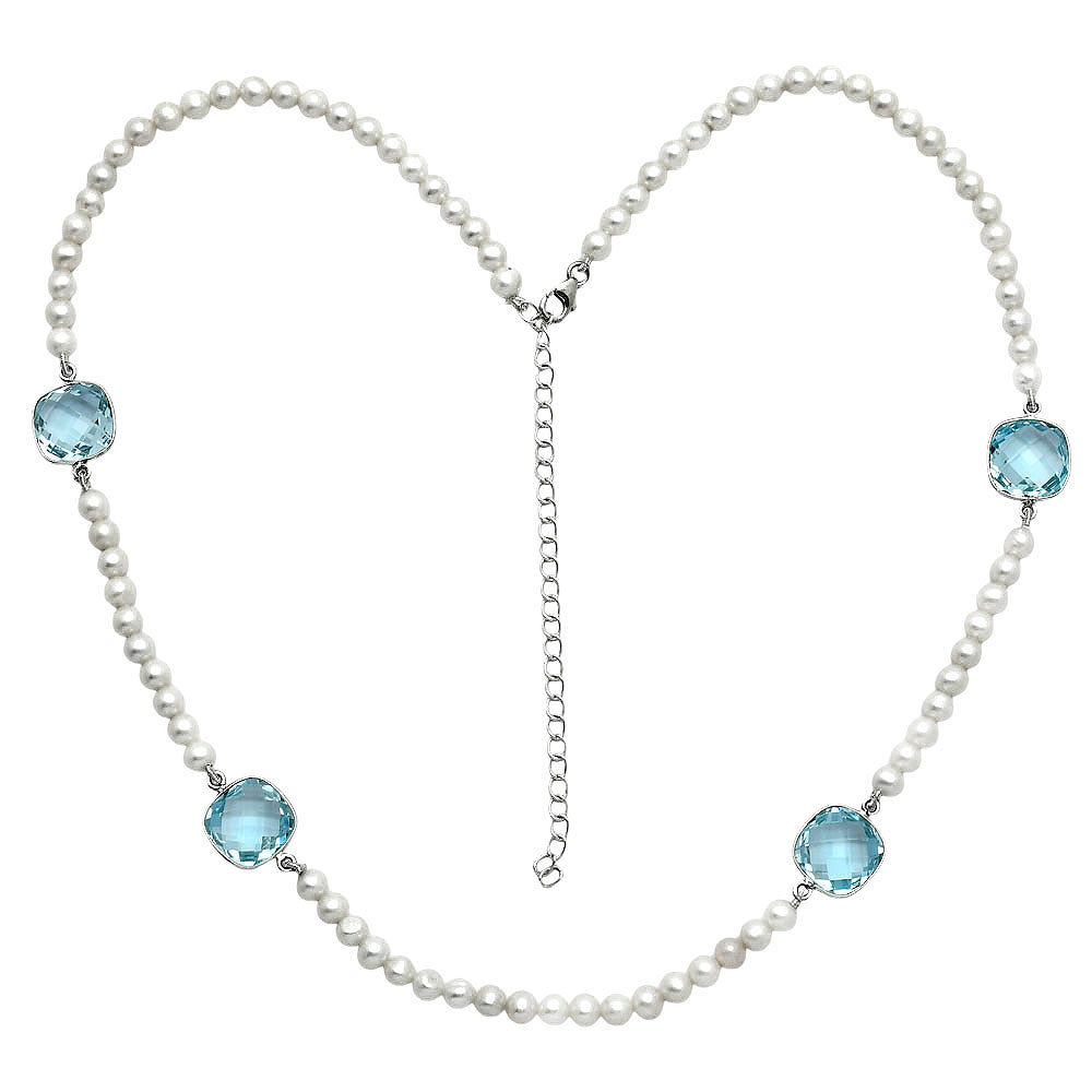 Premium Sky Blue Topaz Briolette & Pearl Beaded Necklace N-1028 13-EN10043