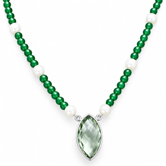 Premium Quality Prasiolite Briolette & Pearl Beaded Necklace N-1027 16-EN10044
