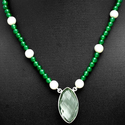 Premium Quality Prasiolite Briolette & Pearl Beaded Necklace N-1027 16-EN10044