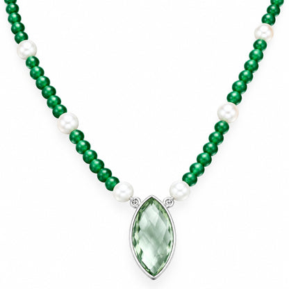 Prasiolite Briolette, Nephrite Jade & Pearl Beaded Necklace N-1027 16-EN10045