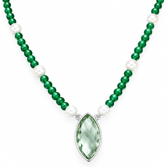 Prasiolite Briolette, Nephrite Jade & Pearl Beaded Necklace N-1027 16-EN10045