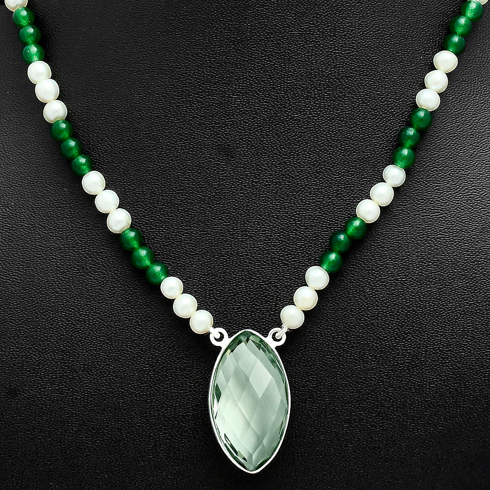 Prasiolite Briolette, Nephrite Jade & Pearl Beaded Necklace N-1027 16-EN10046