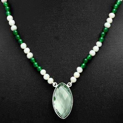 Prasiolite Briolette, Nephrite Jade & Pearl Beaded Necklace N-1027 16-EN10046