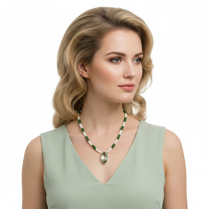 Prasiolite Briolette, Nephrite Jade & Pearl Beaded Necklace N-1027 16-EN10046