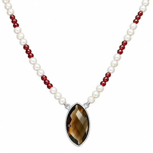 Premium Smoky Quartz Briolette, Garnet & Pearl Beaded Necklace N-1027 17-EN10051