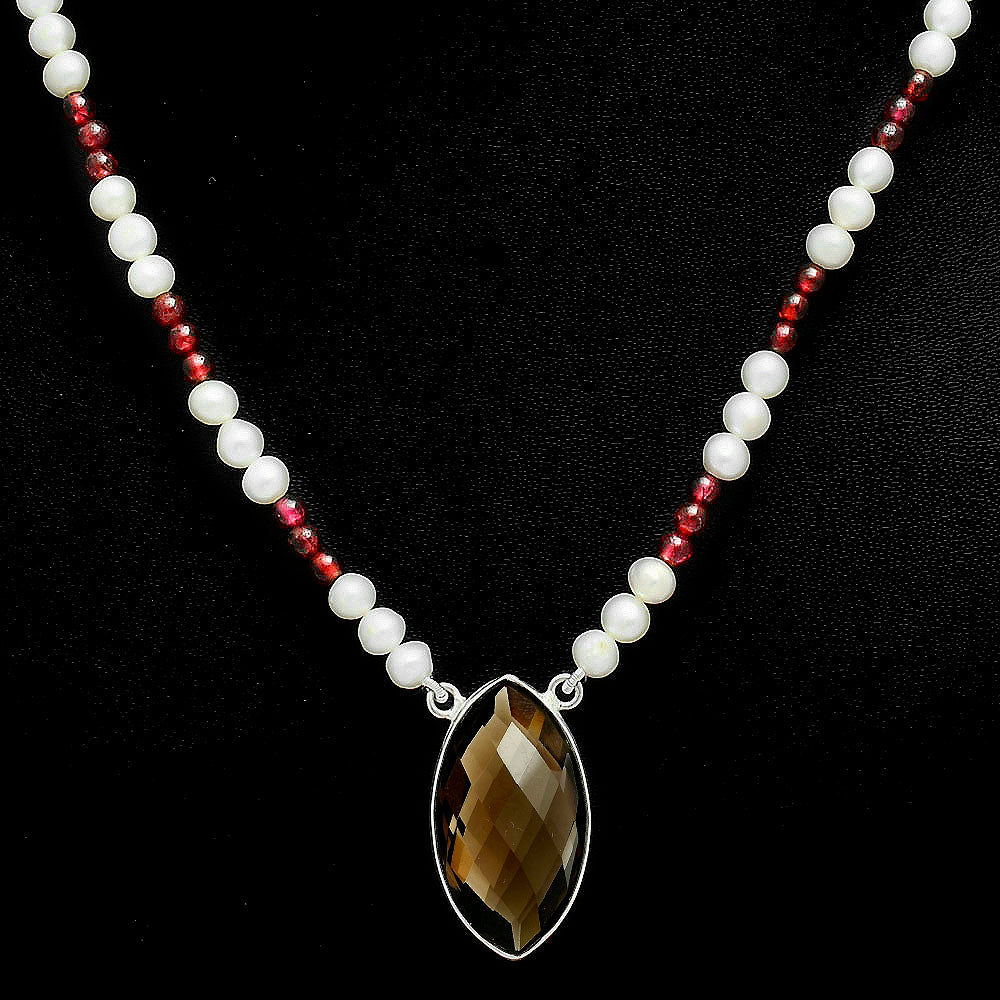Premium Smoky Quartz Briolette, Garnet & Pearl Beaded Necklace N-1027 17-EN10051