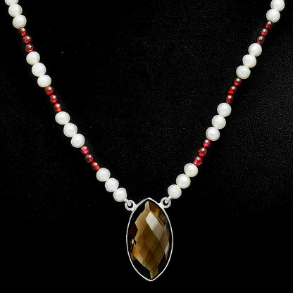 Premium Smoky Quartz Briolette, Garnet & Pearl Beaded Necklace N-1027 17-EN10051