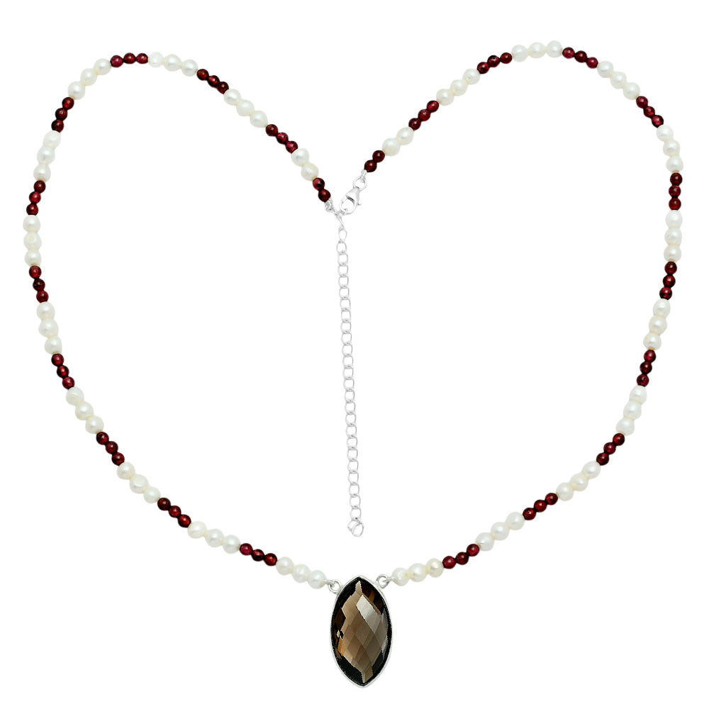 Premium Smoky Quartz Briolette, Garnet & Pearl Beaded Necklace N-1027 17-EN10051