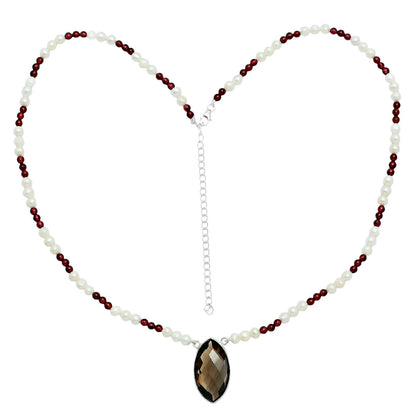 Premium Smoky Quartz Briolette, Garnet & Pearl Beaded Necklace N-1027 17-EN10051