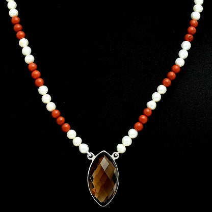 Premium Smoky Quartz Briolette, Coral & Pearl Beaded Necklace N-1027 17-EN10052