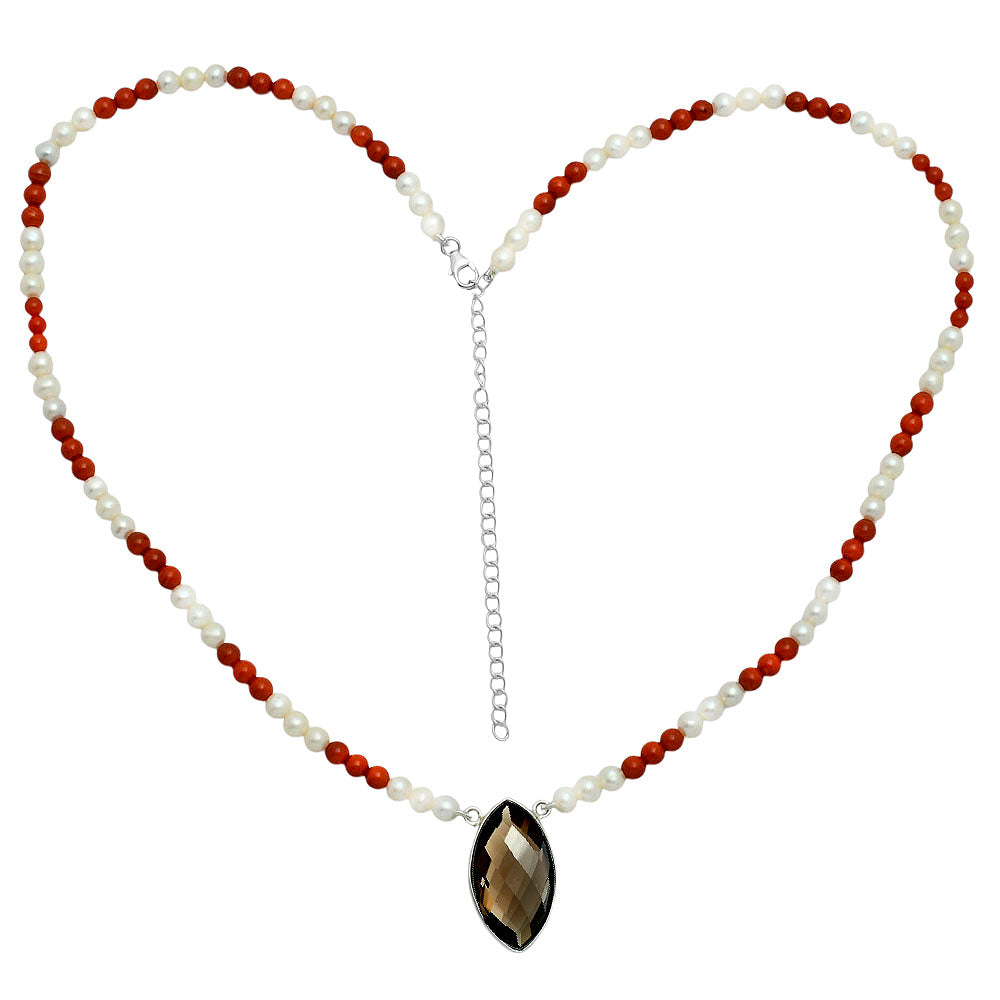 Premium Smoky Quartz Briolette, Coral & Pearl Beaded Necklace N-1027 17-EN10052