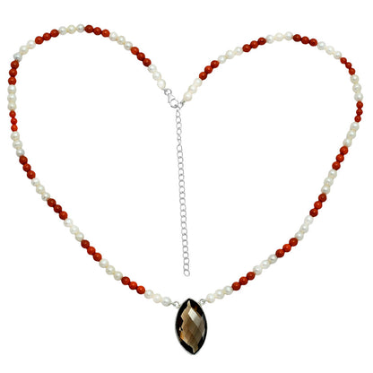Premium Smoky Quartz Briolette, Coral & Pearl Beaded Necklace N-1027 17-EN10052